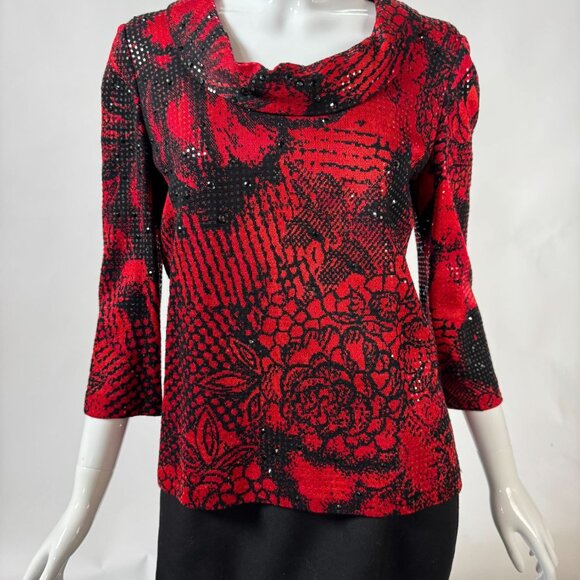 St. John Vintage Evening Red & Black Floral Sequin Knit Top Size Small - Picture 1 of 16